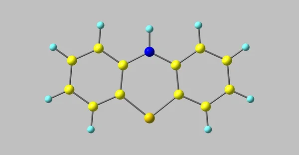 Phenothiazine or PTZ is an organic compound that is related to the thiazine-class of heterocyclic compounds. 3d illustration