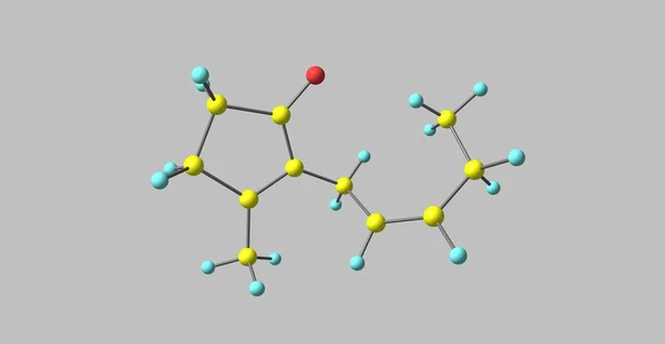 Jasmone is an organic compound, which is a volatile portion of the oil from jasmine flowers. It is a colorless to pale yellow liquid. 3d illustration