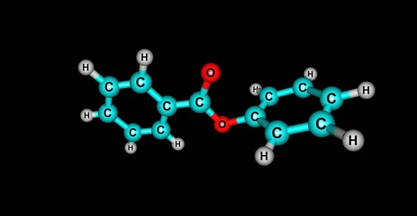 Molekulare Struktur von Phenylbenzoat isoliert auf schwarz — Stockfoto