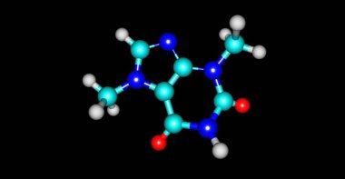 Theobromine ya da xantheose kakao bitkisinin acı bir alkaloididir. 3d illüstrasyon