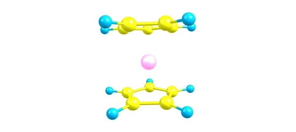 フェロセンは有機金属化合物である 分子は中心鉄原子の反対側に結合した2つのシクロペンタジエン環からなる 3Dイラスト — ストック写真