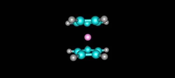 二茂铁是一种有机金属化合物 该分子由两个环戊烯基环组成 环戊烯基环结合在一个中心铁原子的相反侧面 3D说明 — 图库照片