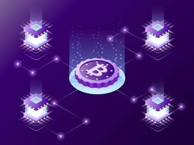 Cryptocurrency madencilik izometrik vektör kavramı.