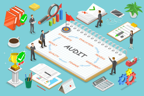 Financial audit flat isometric vector concept.