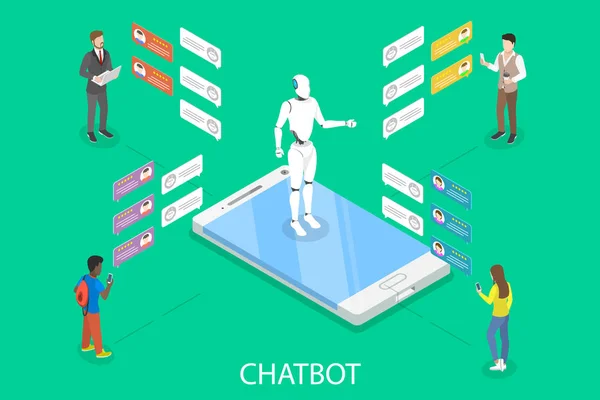 Chatbot lapos izometrikus vector koncepció. — Stock Vector