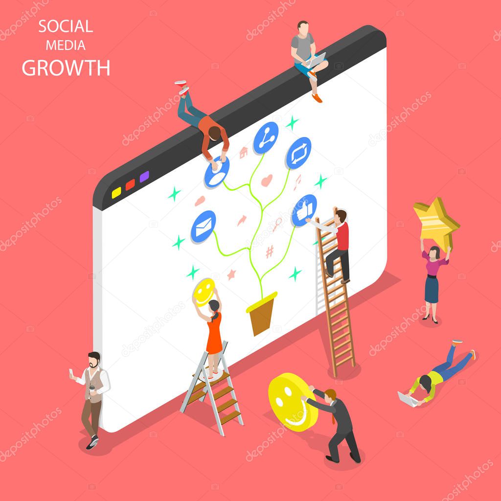 Flat isometric vector concept of social media growth.