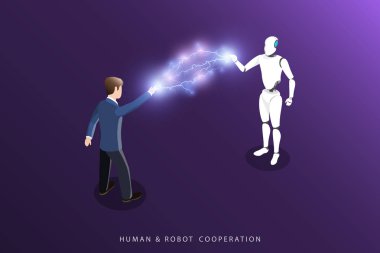 İnsan ve robot işbirliği düz izometrik vektör.