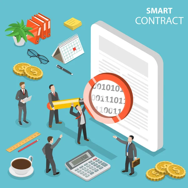 Smart contract plat isometrische vector concept. — Stockvector