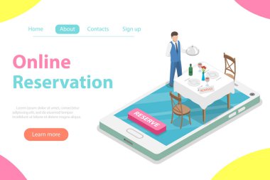 Masa online rezervasyon düz izometrik vektör kavramı.