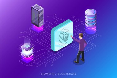 Biyometrik blockchain düz izometrik konsept illüstrasyon vektör.