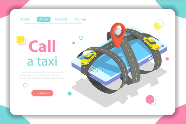 Bel een taxi plat isometrische vector illustratie van het concept. — Stockvector