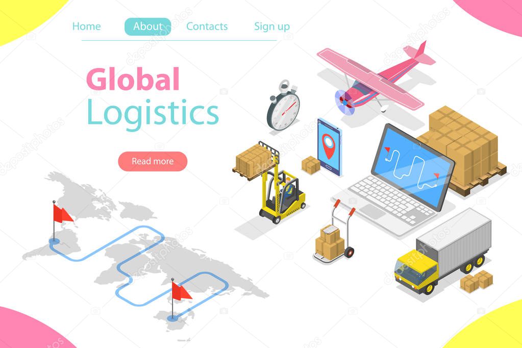 Flat isometric vector concept of global logistics.