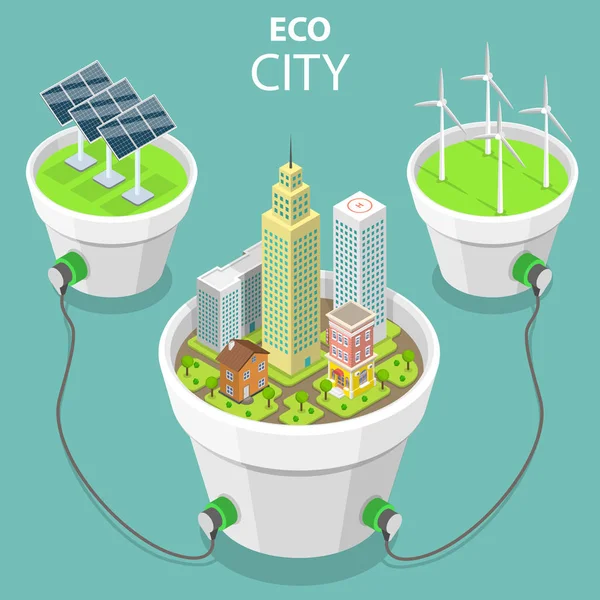 Eco stad platte isometrisch vector illustratie van het concept. — Stockvector