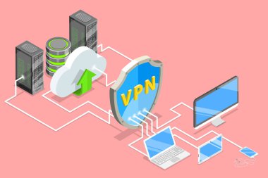 VPN koruma izometrik düz vektör kavramsal çizimi.