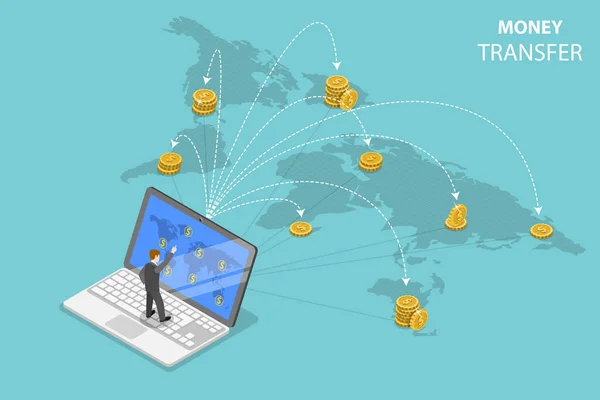 Versturen van geld rond de wereld isometrische platte vector. — Stockvector