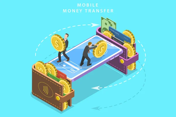 Transferência de dinheiro móvel conceito vetorial plano isométrico . —  Vetores de Stock