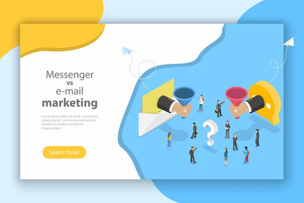 E-mail vs messenger marketing conceito vetor isométrico . —  Vetores de Stock