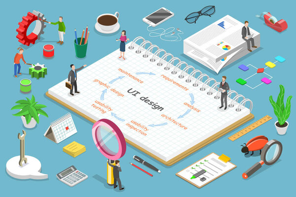 UI design process Isometric flat vector concept.