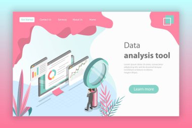 Düz izometrik vektör web sitesi veri analizi, web analytics kavramı.