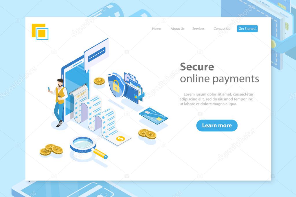 Flat isometric vector landing page header for online payment, money transfer.