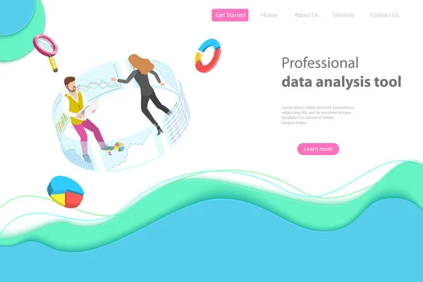Flat isometric vector landing page template for data analysis. — Stock Vector
