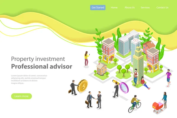 アイソメ平面ベクトル ランディング ページ テンプレートです。特性の投資. — ストックベクタ