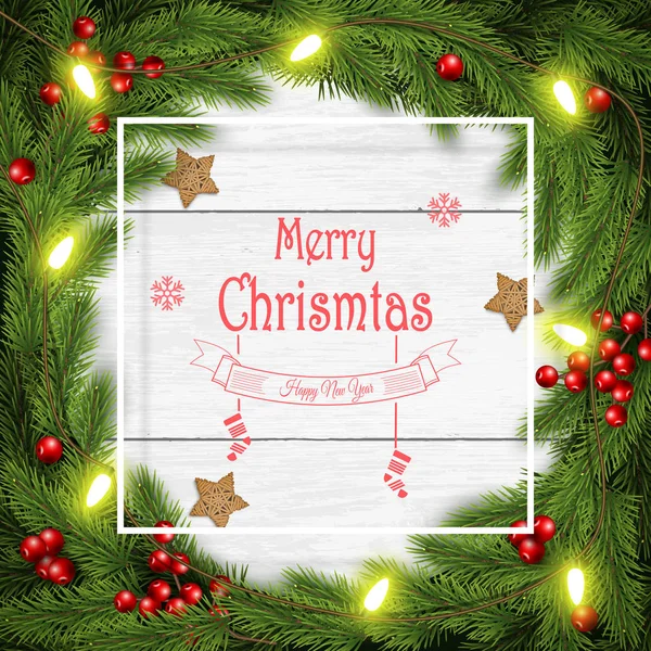 Christmas wreath vector illustration on white wooden background. — Stock Vector