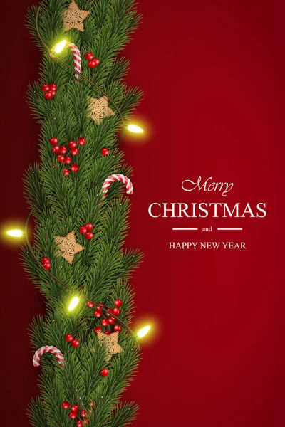 圣诞节向量在红色背景与祝愿, 松树分枝, 浆果, 花环 — 图库矢量图片