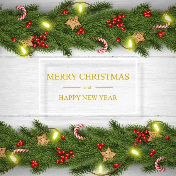 圣诞节向量在白色木背景与祝愿, 松树木星. — 图库矢量图片