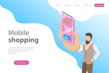 Online alışveriş için düz izometrik vektör açılış sayfası şablonu mobil saklamak.
