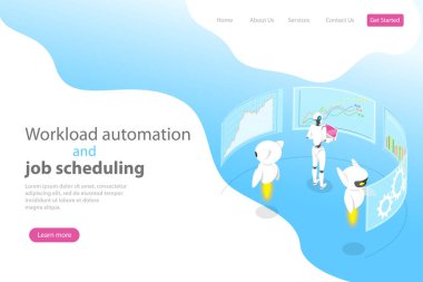 İzometrik düz vektör açılış sayfası şablonu için iş yükü Otomasyon.