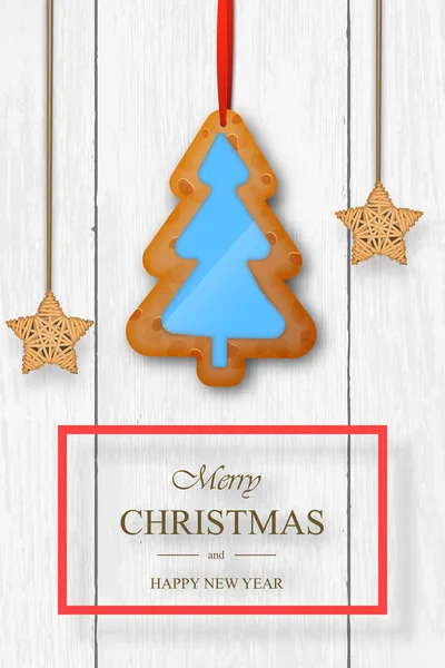 Christmas vector on white wooden background with wishes and gingerbread. — Stock Vector