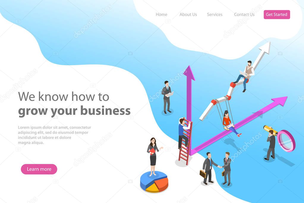 Isometric flat vector landing page template for business growth.