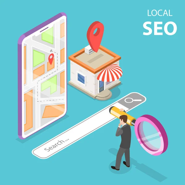 Isometric flat vector concept of local seo, serching store. — Stock Vector