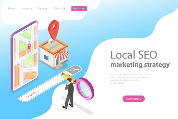 Isometrische platte vector landing page voor lokale seo, serching winkel. — Stockvector