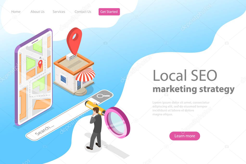 Isometric flat vector landing page for local seo, serching store.