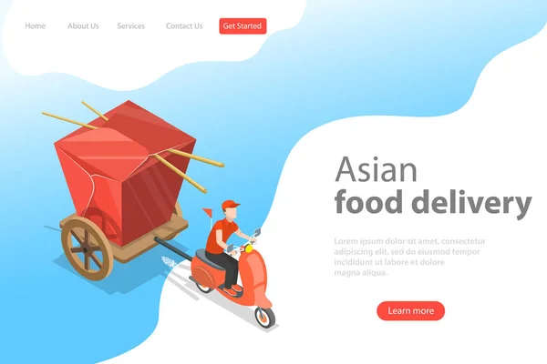 Isometrica piatto vettore atterraggio pagina modello di asiatico cibo consegna . — Vettoriale Stock