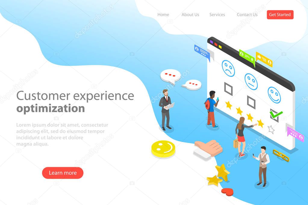 Isometric flat vector landing page template of customer experience optimization.