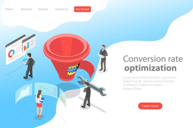 İzometrik düz vektör açılış sayfası şablonu dönüşüm oranı optimizasyon.
