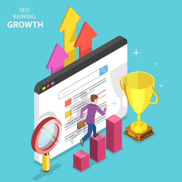 Plat isometrische vector concept van seo ranking groei, Webanalytics. — Stockvector