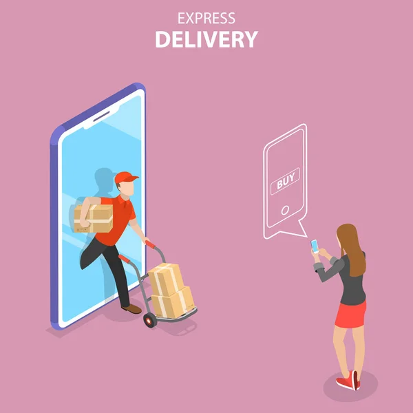 Isometric flat vector concept of express delivery, courier service. - Stok Vektor