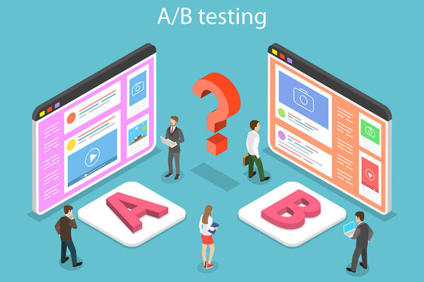 Isometric flat vector concept of AB testing, split test, A-B comparison.