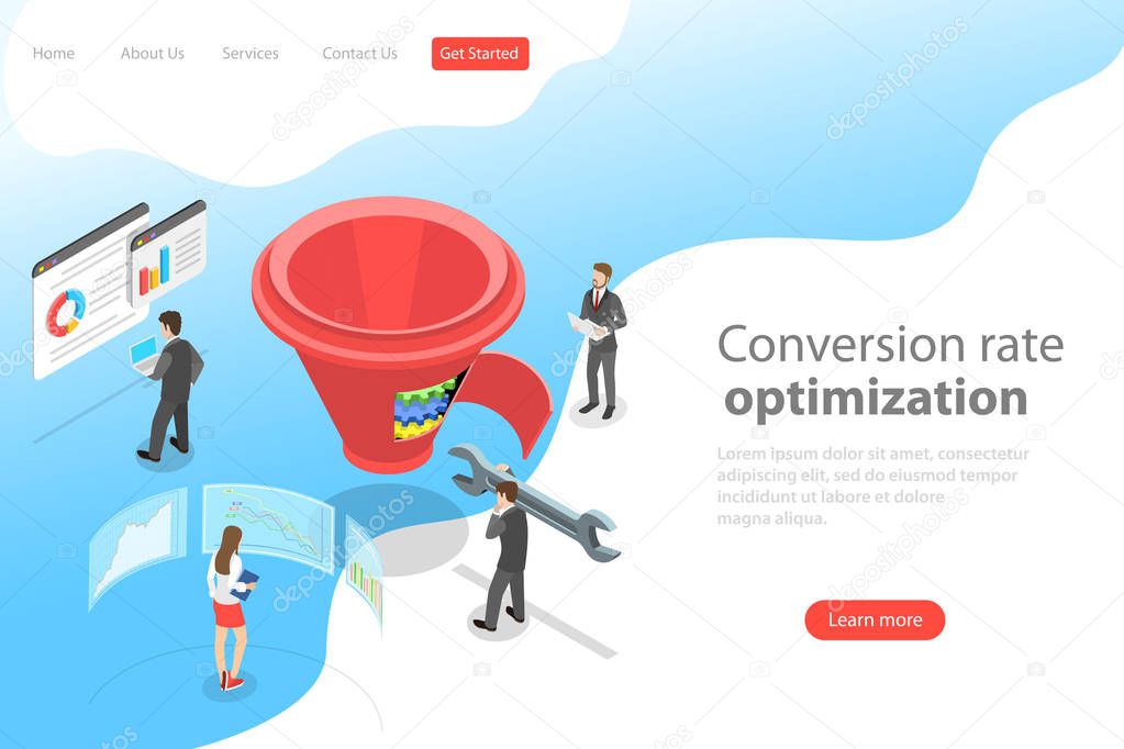 Isometric flat vector landing page template of conversion rate optimization.