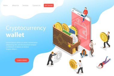 Düz izometrik vektör açılış sayfası şablonu cryptocurrency cüzdan.