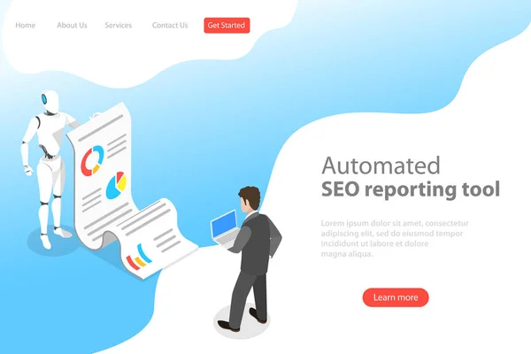 Plantilla plana de landing page vectorial isométrica del informe SEO automatizado . — Archivo Imágenes Vectoriales