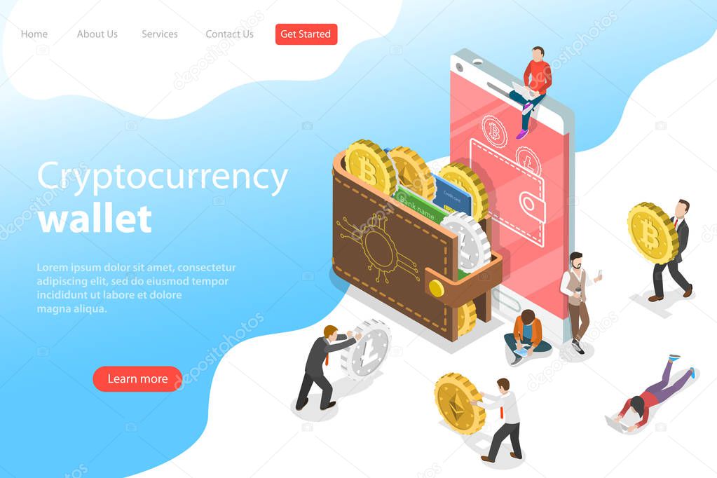 Flat isometric vector landing page template of cryptocurrency wallet.