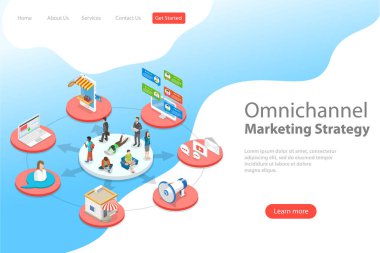İzometrik düz vektör açılış sayfası şablon / omnichannel, çeşitli iletişim kanalları arasında satıcı ve müşteri, dijital pazarlama, online alışveriş.
