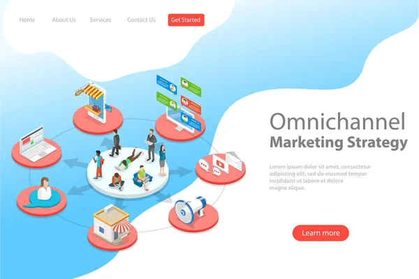 Isometrische Flache Vektor Landing Page Vorlage Von Omnichannel Mehrere Kommunikationskanäle — Stockvektor