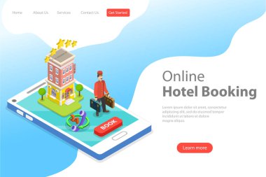 Online rezervasyon Otel'in düz izometrik vektör açılış sayfası şablonu.