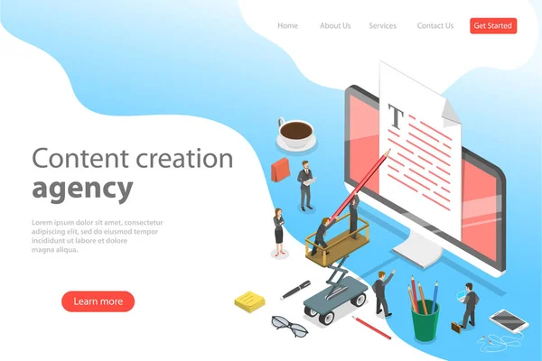 Modelo de landing page vetorial isométrico plano de criação de conteúdo, copywriting . — Vetor de Stock